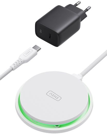 INIU W11-E1 Wireless Charger Kit: Black adapter and white charger pad with USB-C cable, fast charging.