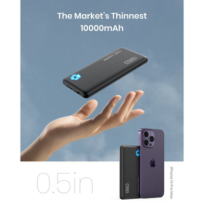 INIU B3 Portable Charger: 0.5in slim black power bank with 10000mAh, fast charging, held in hand, next to iPhone 14 Pro Max.