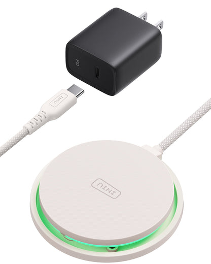 INIU W11-E1 Wireless Charger Kit: White charger, black adapter, and USB-C cable for fast charging.
