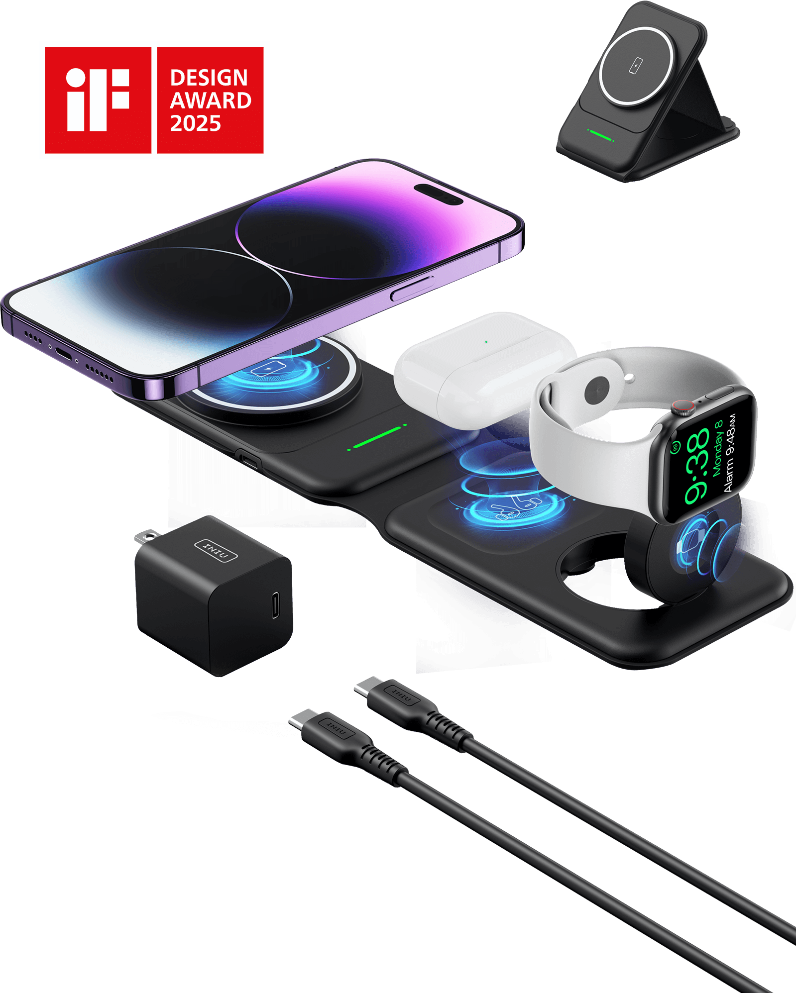 INIU SnapGo WI222 wireless charger, charges phone, AirPods, and Apple Watch. iF Design Award 2025.
