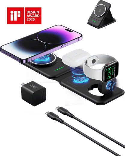 INIU SnapGo WI222 wireless charger, charges phone, AirPods, and Apple Watch. iF Design Award 2025.