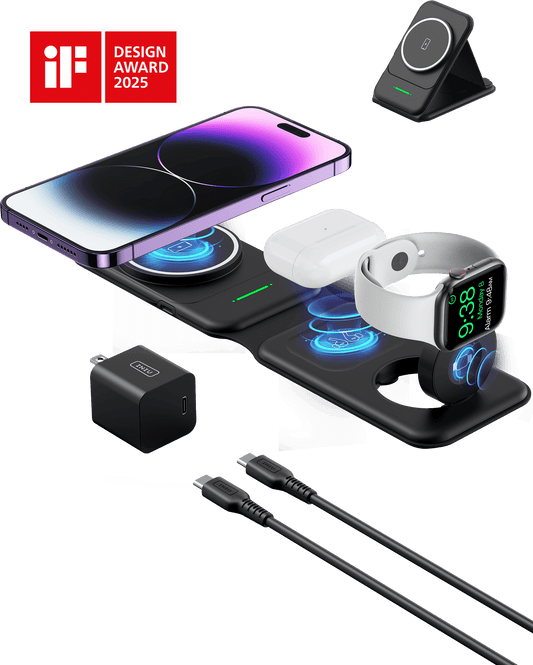 INIU SnapGo WI222 wireless charger, charges phone, AirPods, and Apple Watch. iF Design Award 2025.