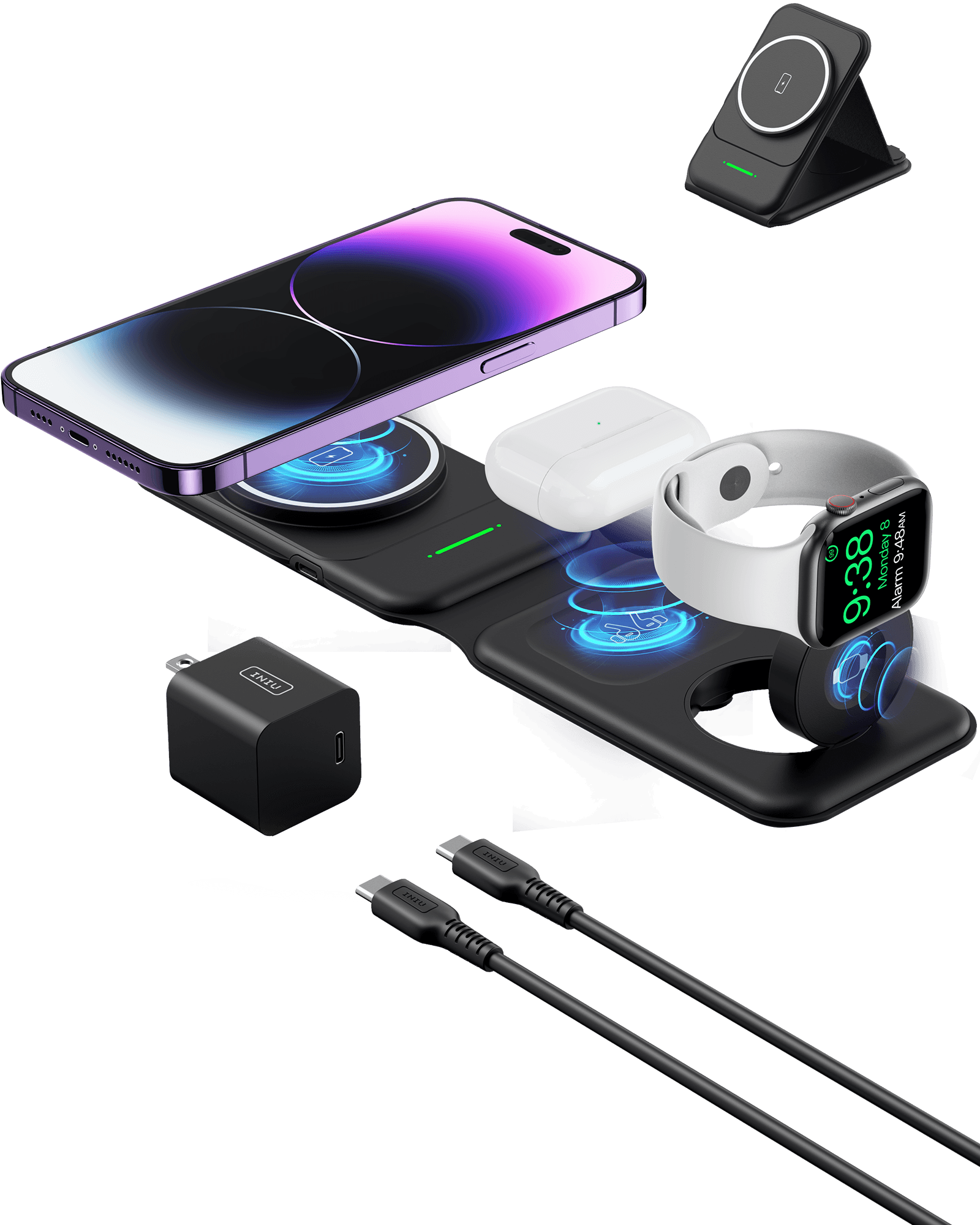 INIU SnapGo WI222 3-in-1 Wireless Charging Pad, black foldable charging station with iPhone, AirPods, and Apple Watch.